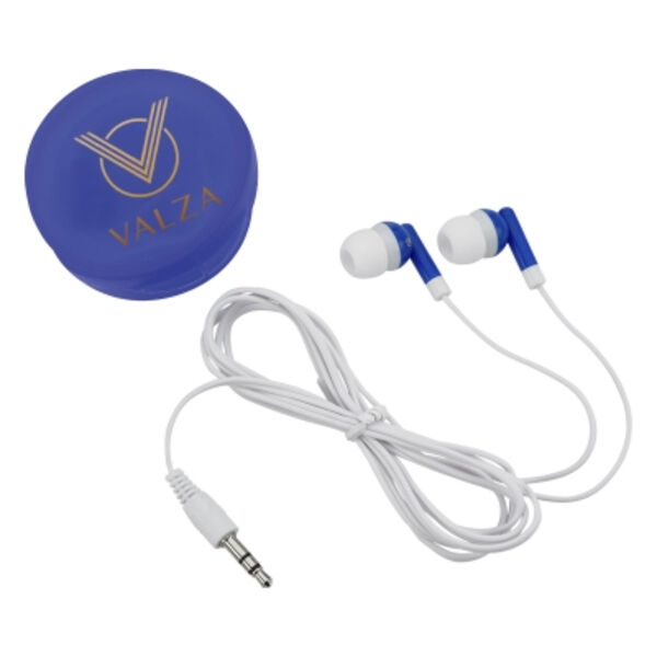 Earbuds In Round Plastic Case Thumbnail