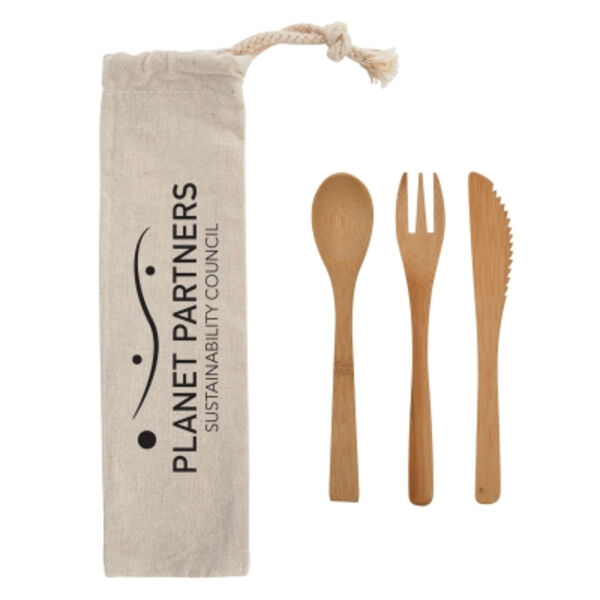 3 Piece Bamboo Utensil Set In Travel Pouch Thumbnail