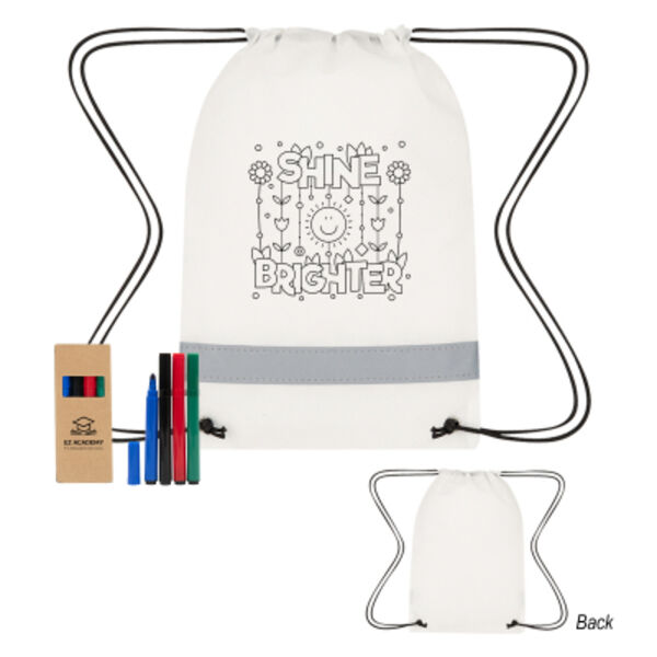 Lil' Bit Reflective Non-Woven Coloring Drawstring Bag With 4 Piece Washable Marker Set Thumbnail