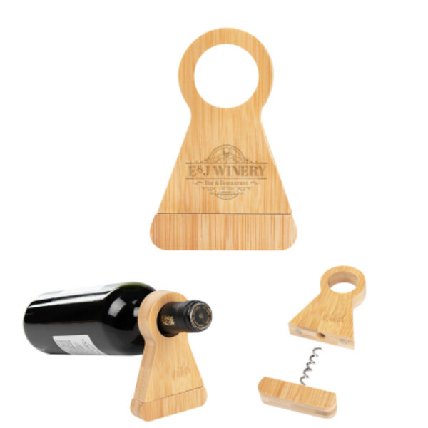 Bamboo Wine Bottle Stand With Corkscrew Thumbnail