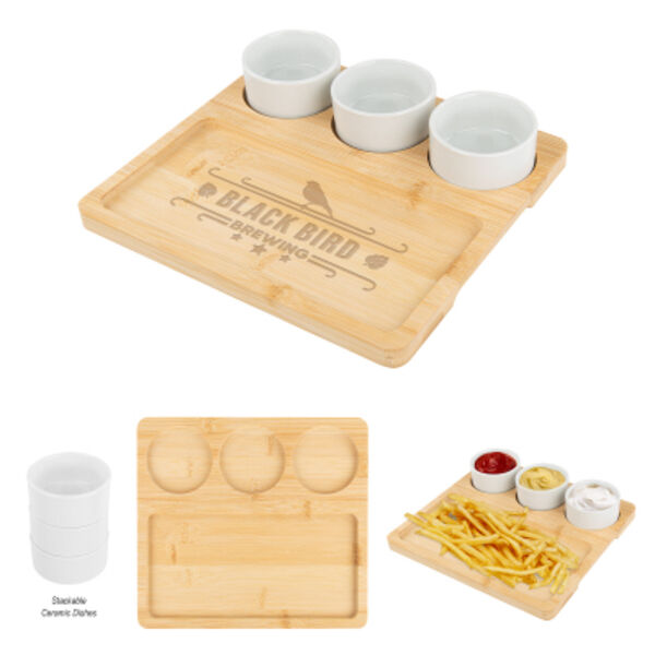 Bamboo Serving Tray With Ceramic Bowls Thumbnail