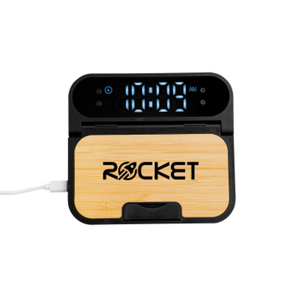 15W Bamboo Folding Charger With Digital Clock Thumbnail